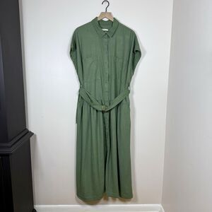 Universal Thread Womens Linen Blend Midi Shirt Dress XXL Green Belted Pockets